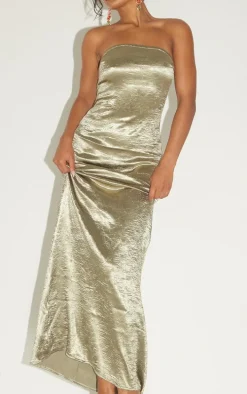 Khaki Textured Satin Cowl Bandeau Maxi Dress