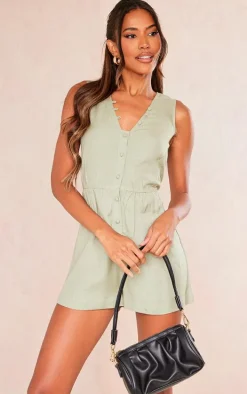 Khaki Textured Woven Button Detail Romper