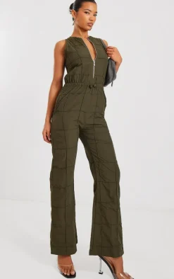 Khaki Textured Zip Up Toggle Jumpsuit