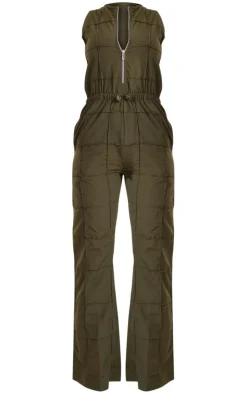 Khaki Textured Zip Up Toggle Jumpsuit