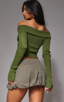Khaki Thick Rib Knit Foldover Zip Up Bardot Top
