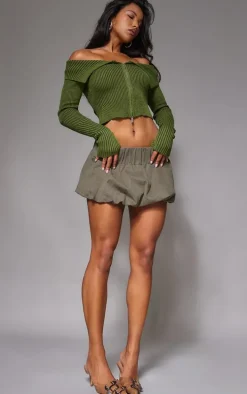 Khaki Thick Rib Knit Foldover Zip Up Bardot Top