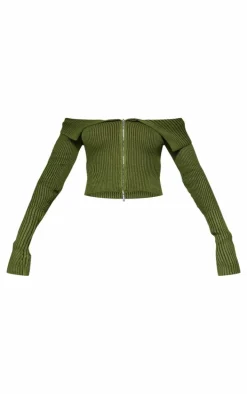 Khaki Thick Rib Knit Foldover Zip Up Bardot Top