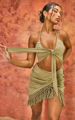 Khaki Tie Bust Ring Detail Tassel Trim Linen Bodycon Dress