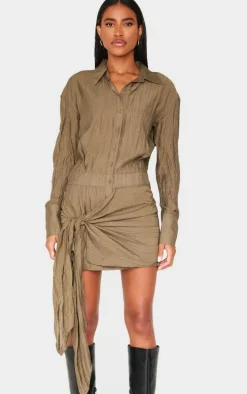 Khaki Tie Detail Shirt Dress