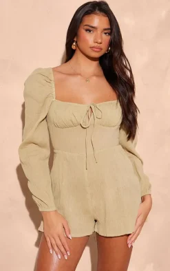 Khaki Tie Front Textured Romper