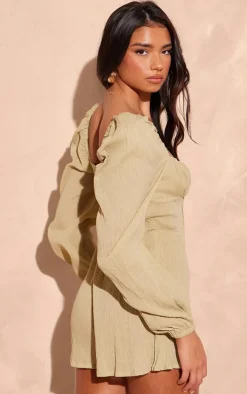 Khaki Tie Front Textured Romper