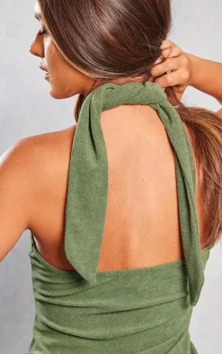 Khaki Towelling Knot Halterneck Bodycon Dress