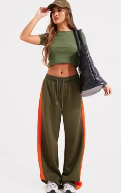 Khaki Tricot Side Stripe Wide Leg Track Pants