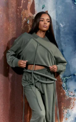 Khaki Tube Strap Detail Cropped Sweatshirt