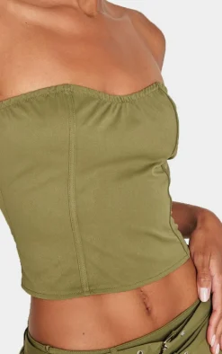 Khaki Twill Buckle Detail Bandeau Corset Top