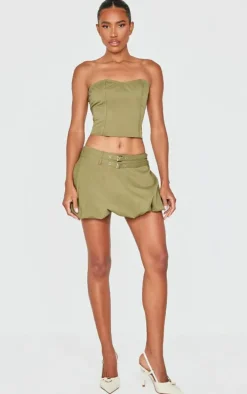 Khaki Twill Buckle Puff Ball Skirt