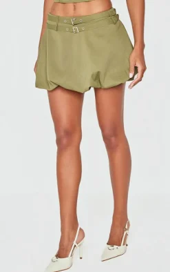 Khaki Twill Buckle Puff Ball Skirt
