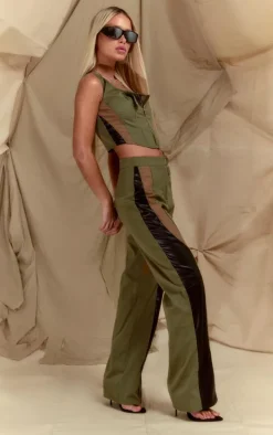 Khaki Twill Contrast Panel Straight Leg Pants