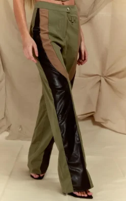 Khaki Twill Contrast Panel Straight Leg Pants