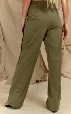 Khaki Twill Contrast Panel Straight Leg Pants