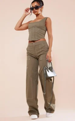 Khaki Twill Contrast Seam Straight Leg Cargo Pants