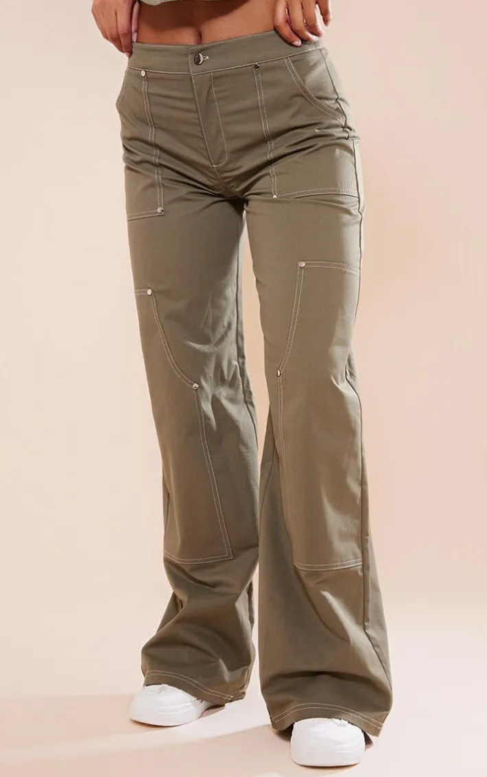 Khaki Twill Contrast Seam Straight Leg Cargo Pants