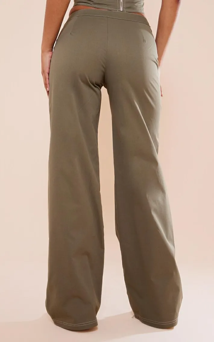 Khaki Twill Contrast Seam Straight Leg Cargo Pants