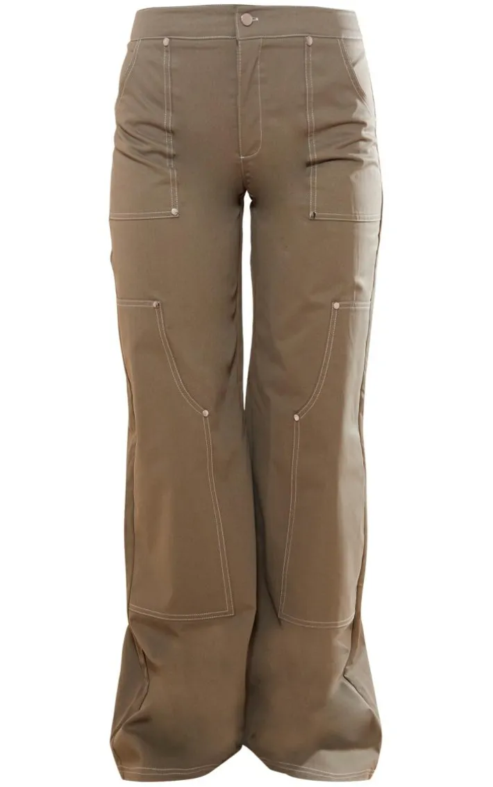 Khaki Twill Contrast Seam Straight Leg Cargo Pants
