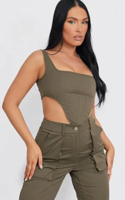 Khaki Twill Dip Hem Structured Cargo Corset