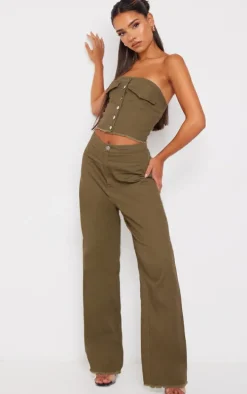 Khaki Twill High Waist Straight Leg Pants