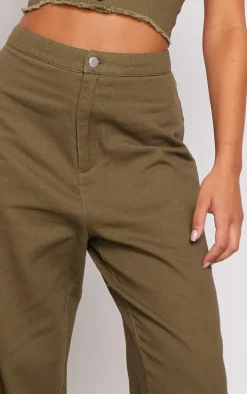 Khaki Twill High Waist Straight Leg Pants
