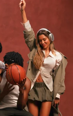 Khaki Twill Low Rise Puffball Mini Skirt