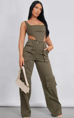 Khaki Twill Pocket Detail High Waist Cargo Pants