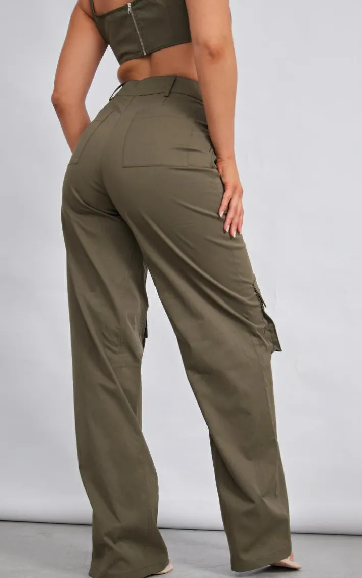 Khaki Twill Pocket Detail High Waist Cargo Pants