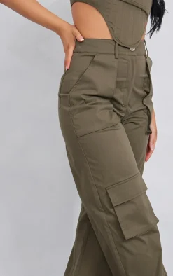 Khaki Twill Pocket Detail High Waist Cargo Pants