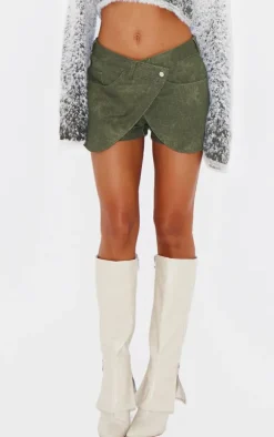 Khaki Twill Washed Crossover Mini Skirt