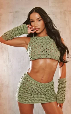 Khaki Twist Knit Racer Top & Sleeves