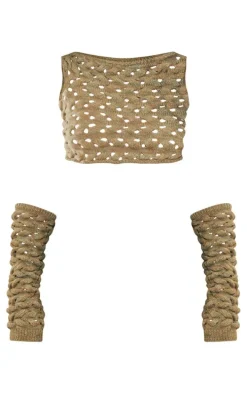 Khaki Twist Knit Racer Top & Sleeves