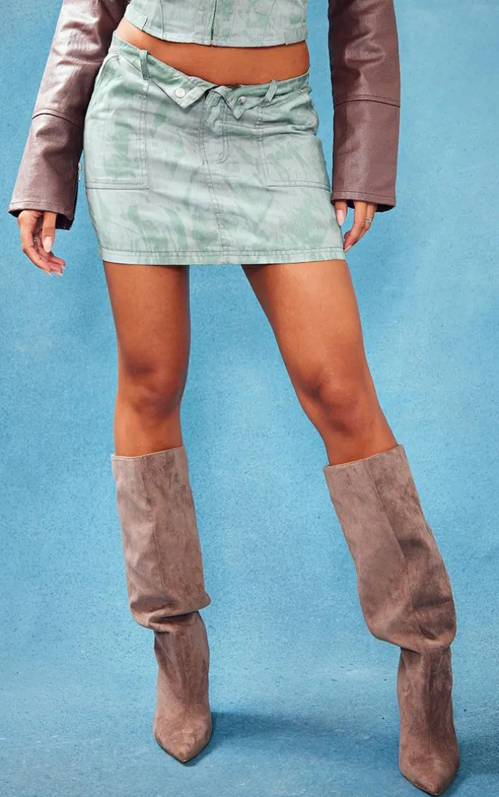 Khaki Vintage Wash Twill Fold Over Waistband Mini Skirt