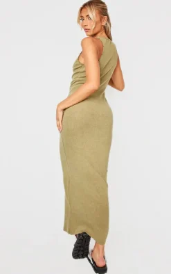 Khaki Washed Rib Distressed Detail Midaxi Dress