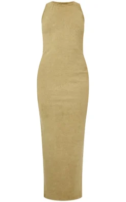 Khaki Washed Rib Distressed Detail Midaxi Dress