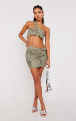 Khaki Washed Twill Asymmetric Strap Micro Mini Skirt
