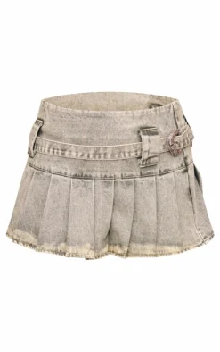 Khaki Washed Twill Belt Detail Pleated Mini Skirt