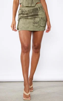 Khaki Washed Twill Cargo Micro Mini Skirt
