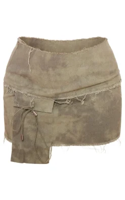 Khaki Washed Twill Frayed Edge Mini Skirt