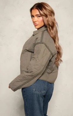 Khaki Wave Texture Zip Up Oversized Jacket