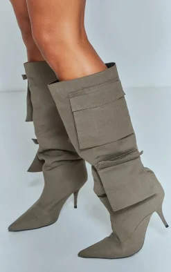 Khaki Wide Fit Denim Point Toe Pocket Detail Low Heeled Knee Boots