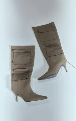 Khaki Wide Fit Denim Point Toe Pocket Detail Low Heeled Knee Boots