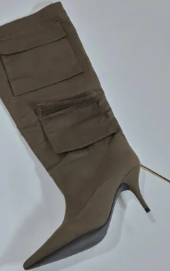 Khaki Wide Fit Denim Point Toe Pocket Detail Low Heeled Knee Boots
