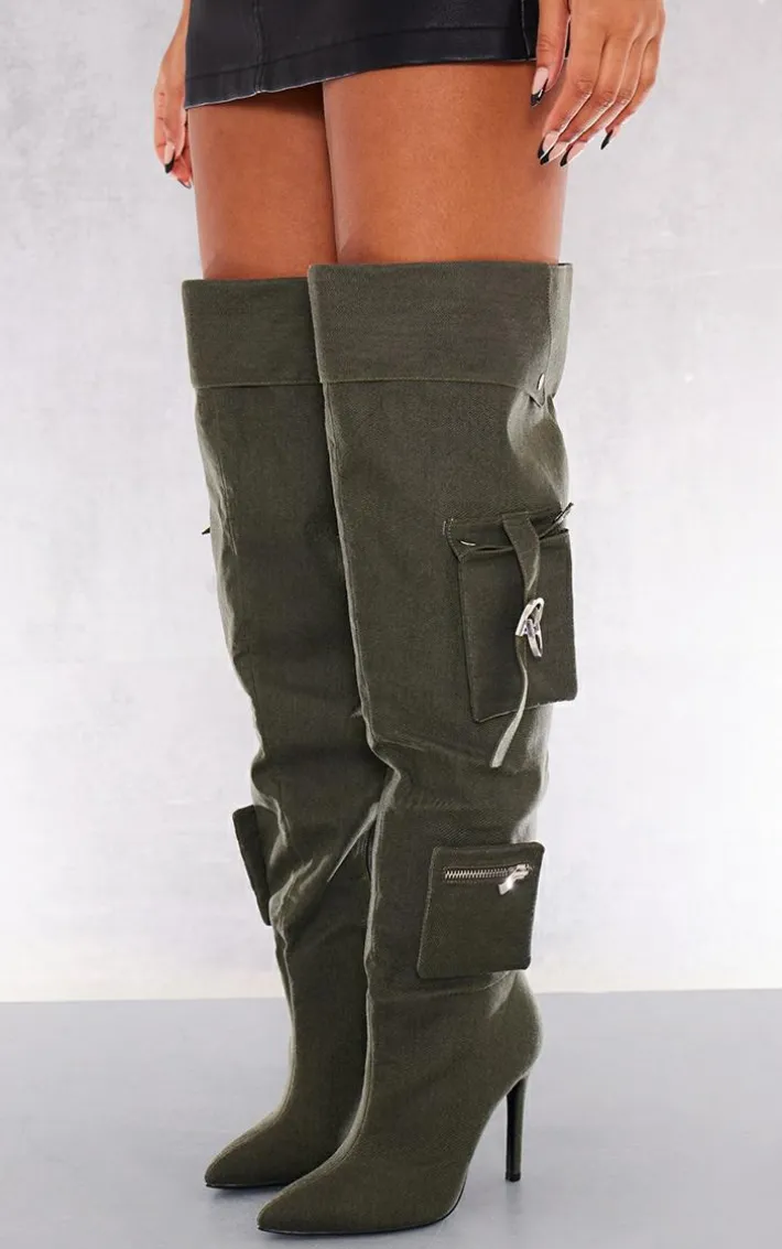 Khaki Wide Fit Denim Utility Over The Knee Heeled Boots