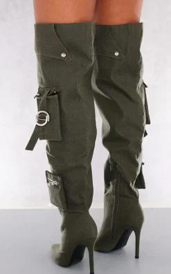 Khaki Wide Fit Denim Utility Over The Knee Heeled Boots