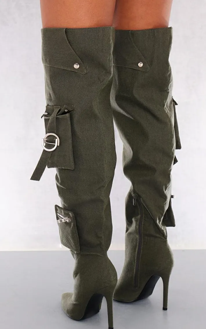 Khaki Wide Fit Denim Utility Over The Knee Heeled Boots