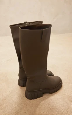 Khaki Wide Fit Pu Slip On Knee High Boots