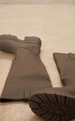 Khaki Wide Fit Pu Slip On Knee High Boots